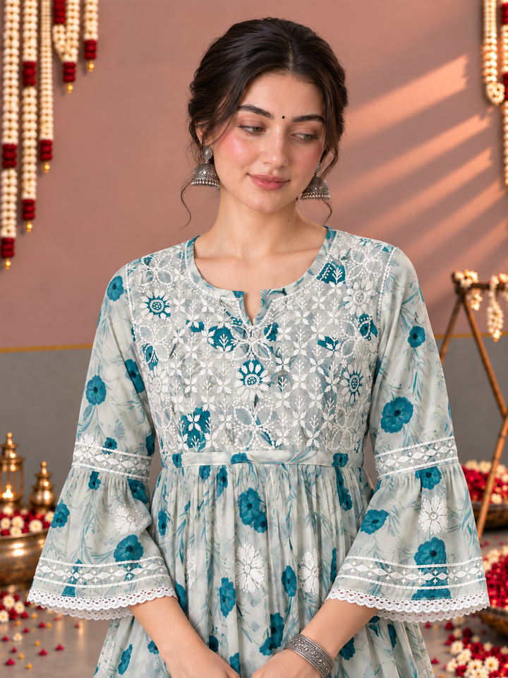 Dhara Mulmul Chikankari Printed Short Gown