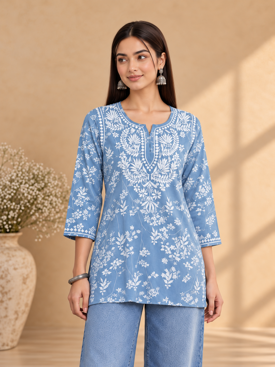 Zeba Chikankari Mulmul Short Kurti