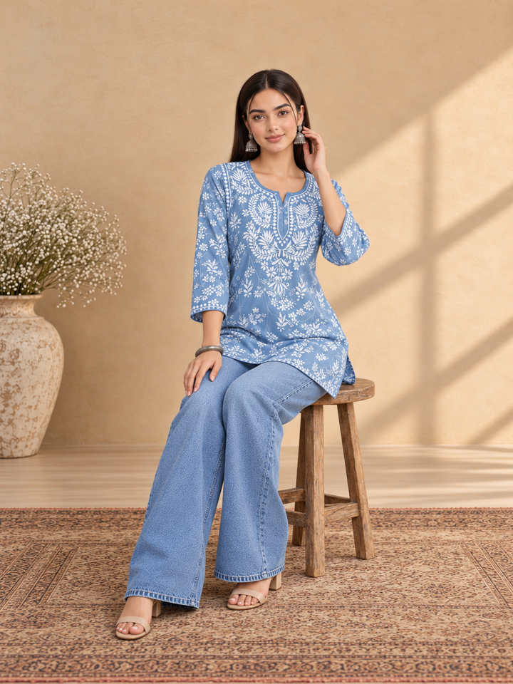 Zeba Chikankari Mulmul Short Kurti