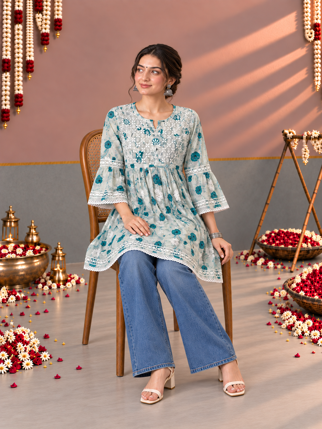 Dhara Mulmul Chikankari Printed Short Gown