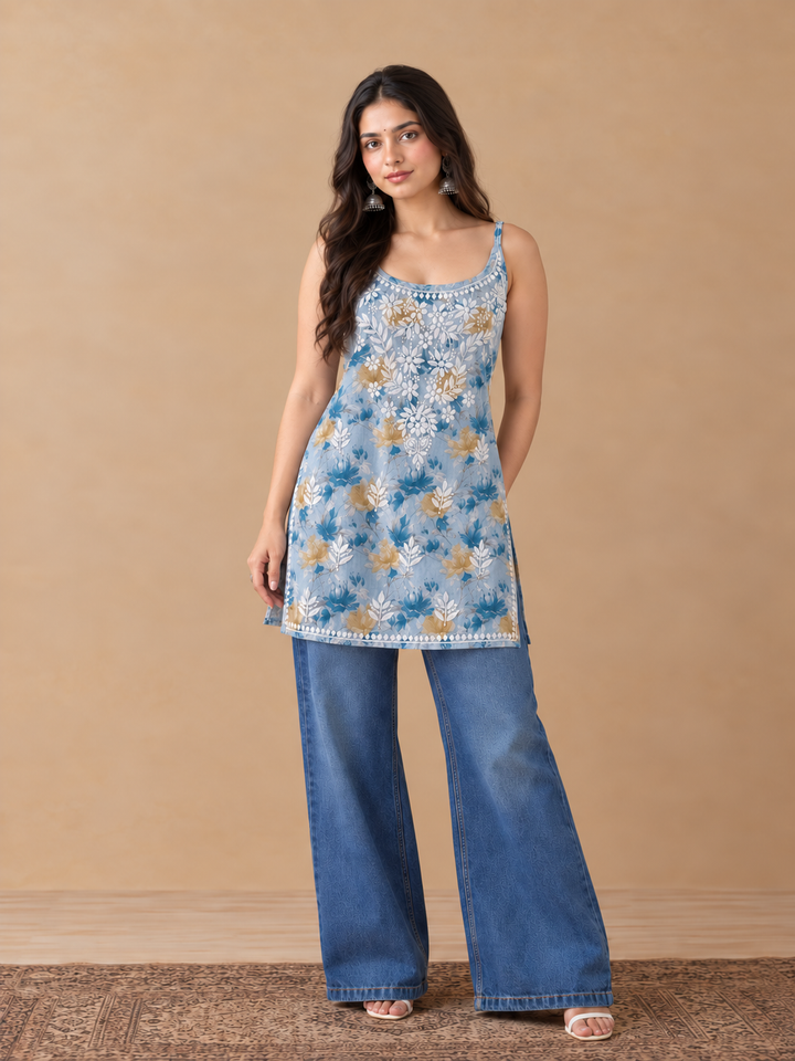 Sia Mulmul Chikankari Strappy Short Kurti for Women