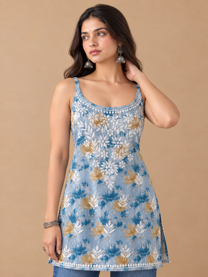 Sia Mulmul Chikankari Strappy Short Kurti for Women