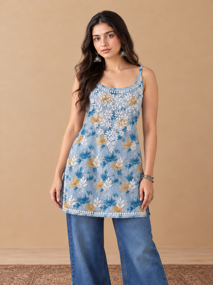 Sia Mulmul Chikankari Strappy Short Kurti for Women