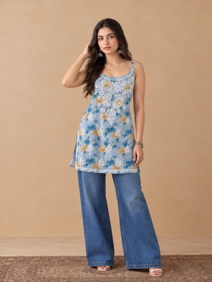 Sia Mulmul Chikankari Strappy Short Kurti for Women