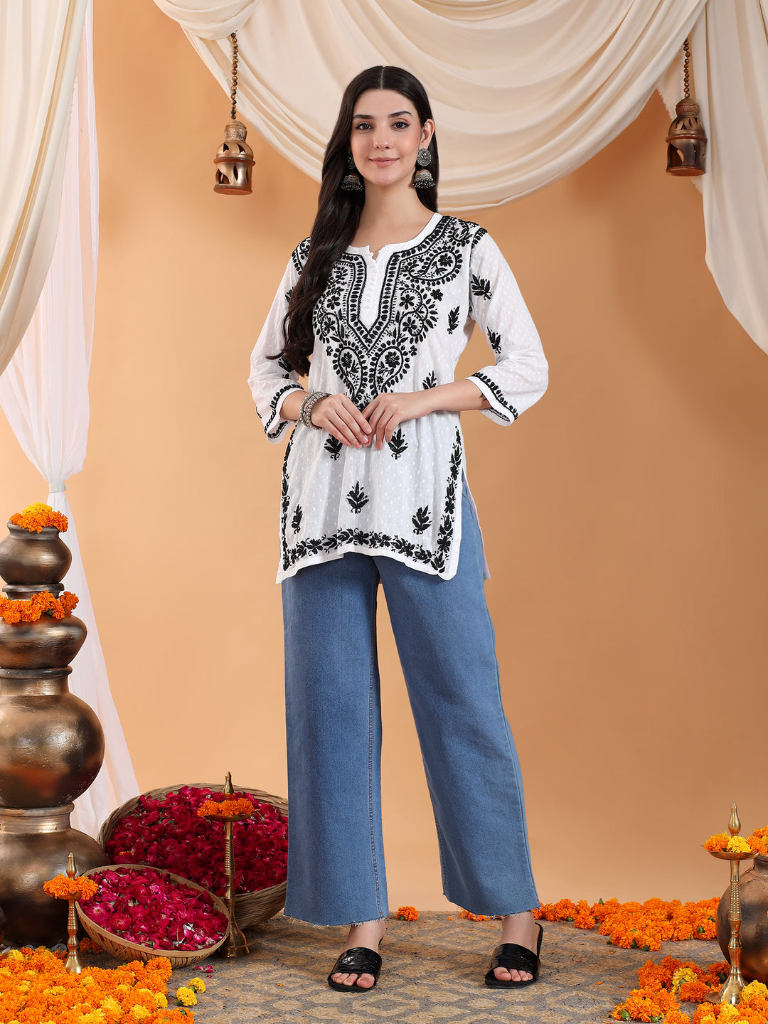 Disha Black Chikankari Cotton Short Kurti