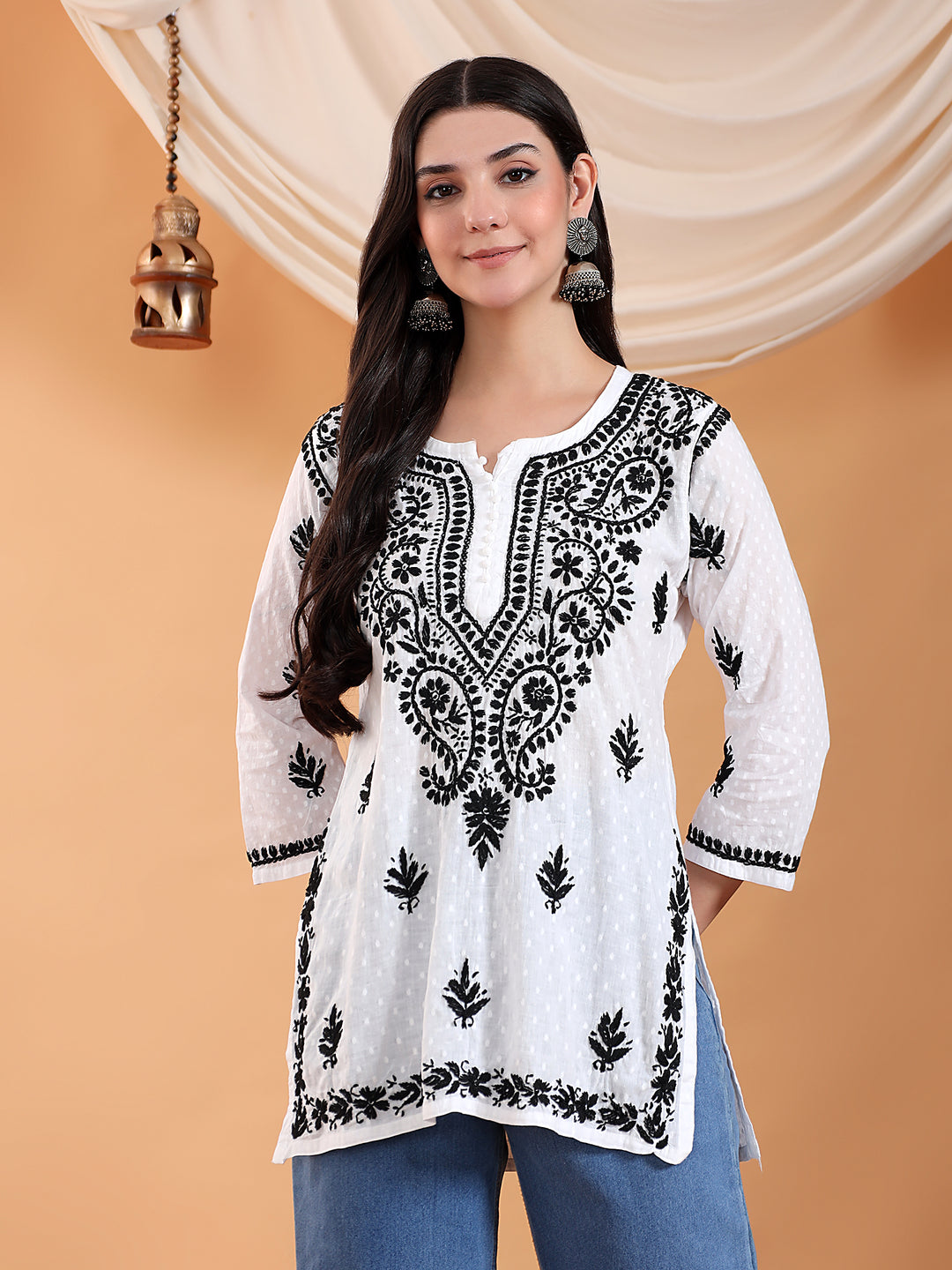 Disha Black Chikankari Cotton Short Kurti