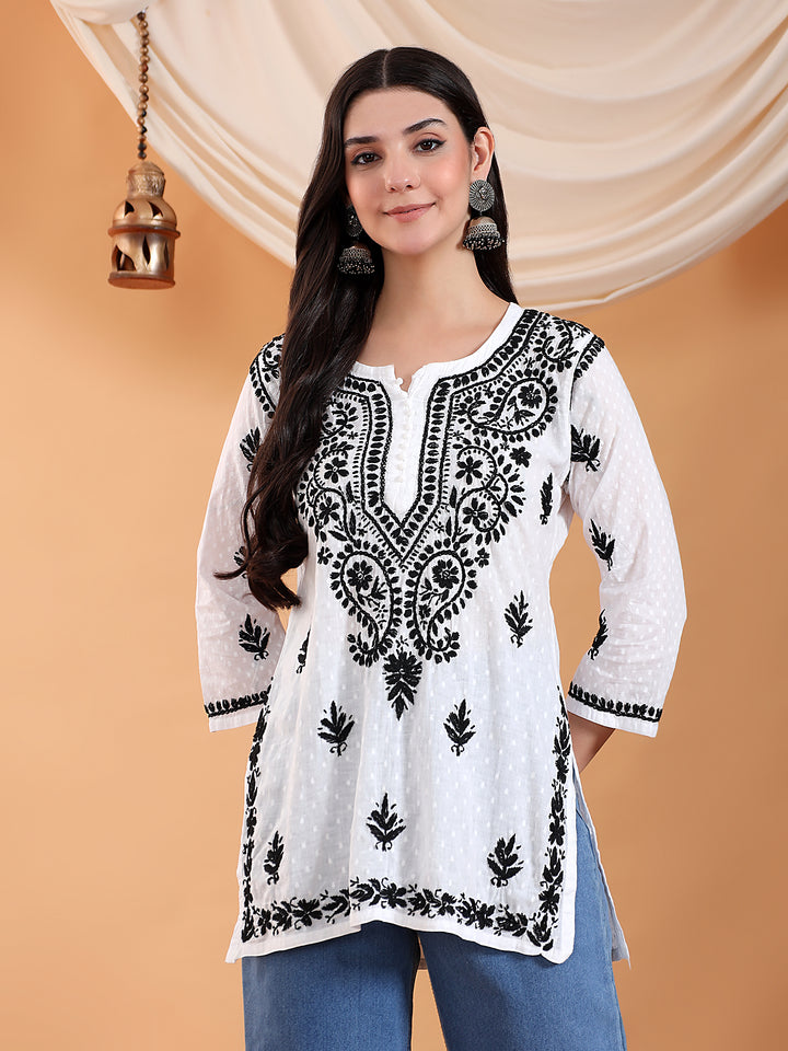 Disha Black Chikankari Cotton Short Kurti
