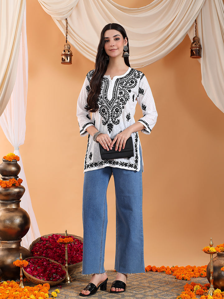 Disha Black Chikankari Cotton Short Kurti