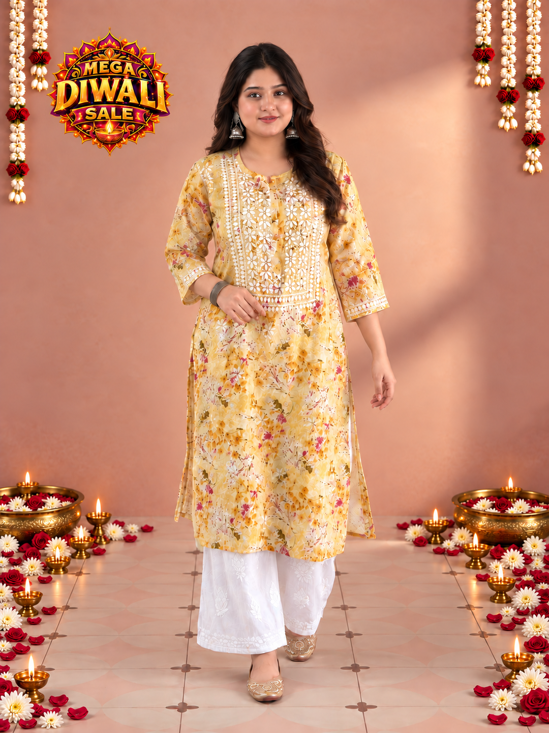 Aditi Mulmul Chikankari Plus Size Straight Kurta – Diwali festive main image