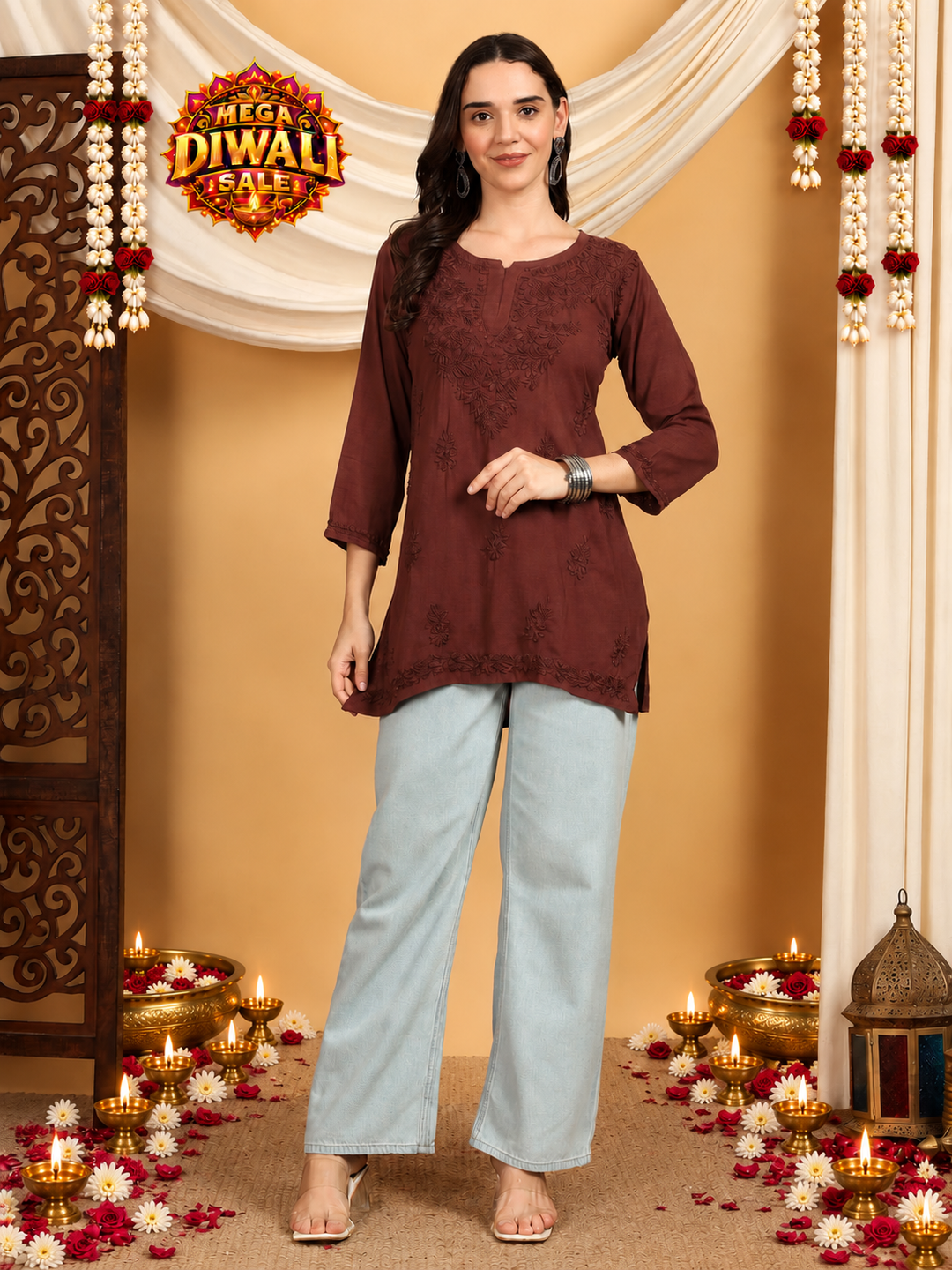 Akira Rayon Short Chikankari Kurti for Women – Diwali festive main image