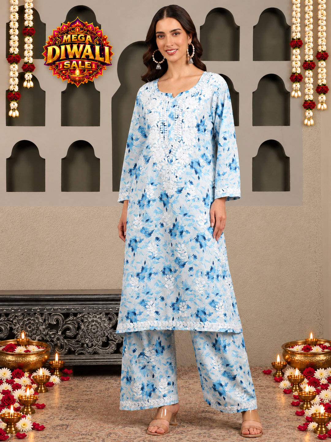 Bela Mulmul Chikankari Printed Co-ord Set – Diwali festive main image