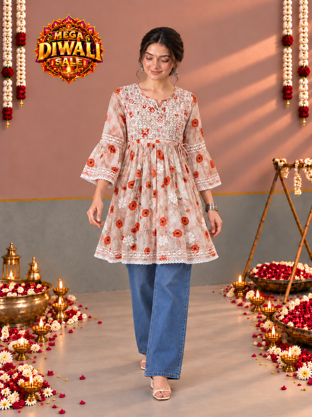 Dhara Mulmul Chikankari Printed Short Gown – Diwali festive main image