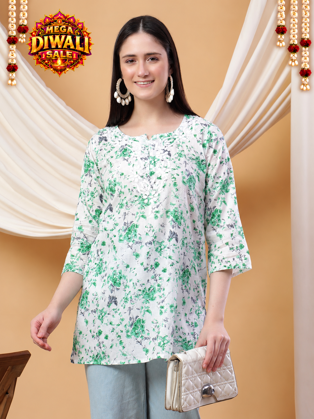 Geet Chikankari Mulmul Short Kurti – Diwali festive main image