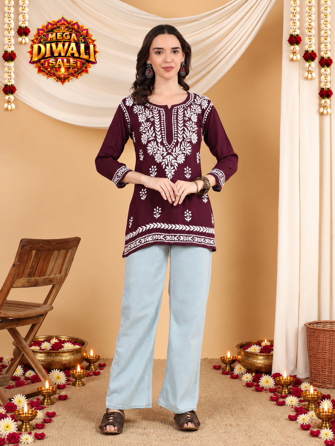 Hania Chikankari Rayon Short Kurti – Diwali festive main image