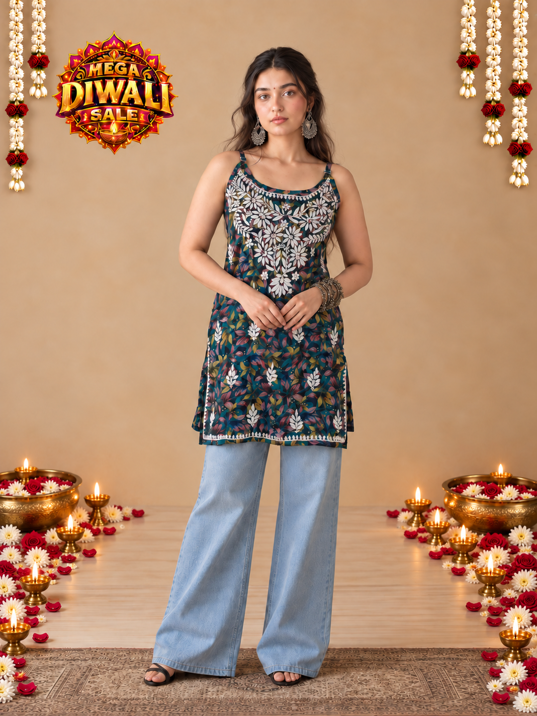 Juhi Short Mulmul Chikankari Strappy Kurti for Women – Diwali festive main image