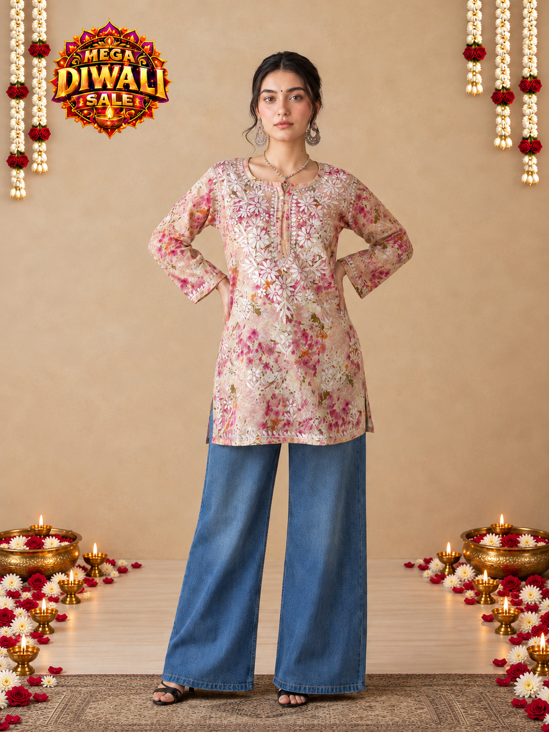 Kavya Mulmul Print Chikankari Short Kurti – Diwali festive main image