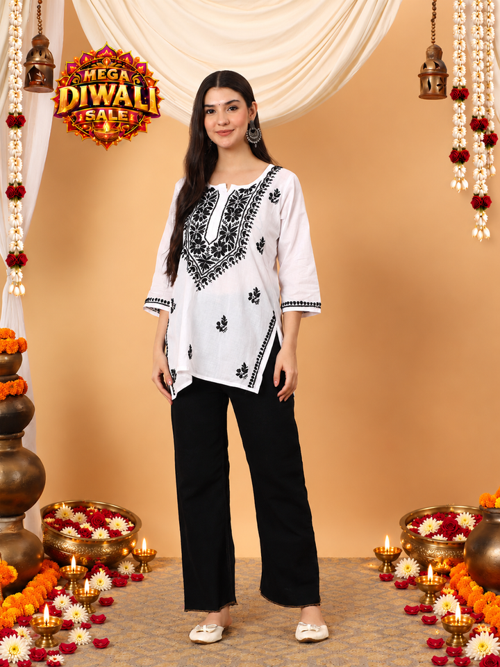 Khushi Black Cotton Chikankari Short Kurti, Straight Fit – Diwali festive main image