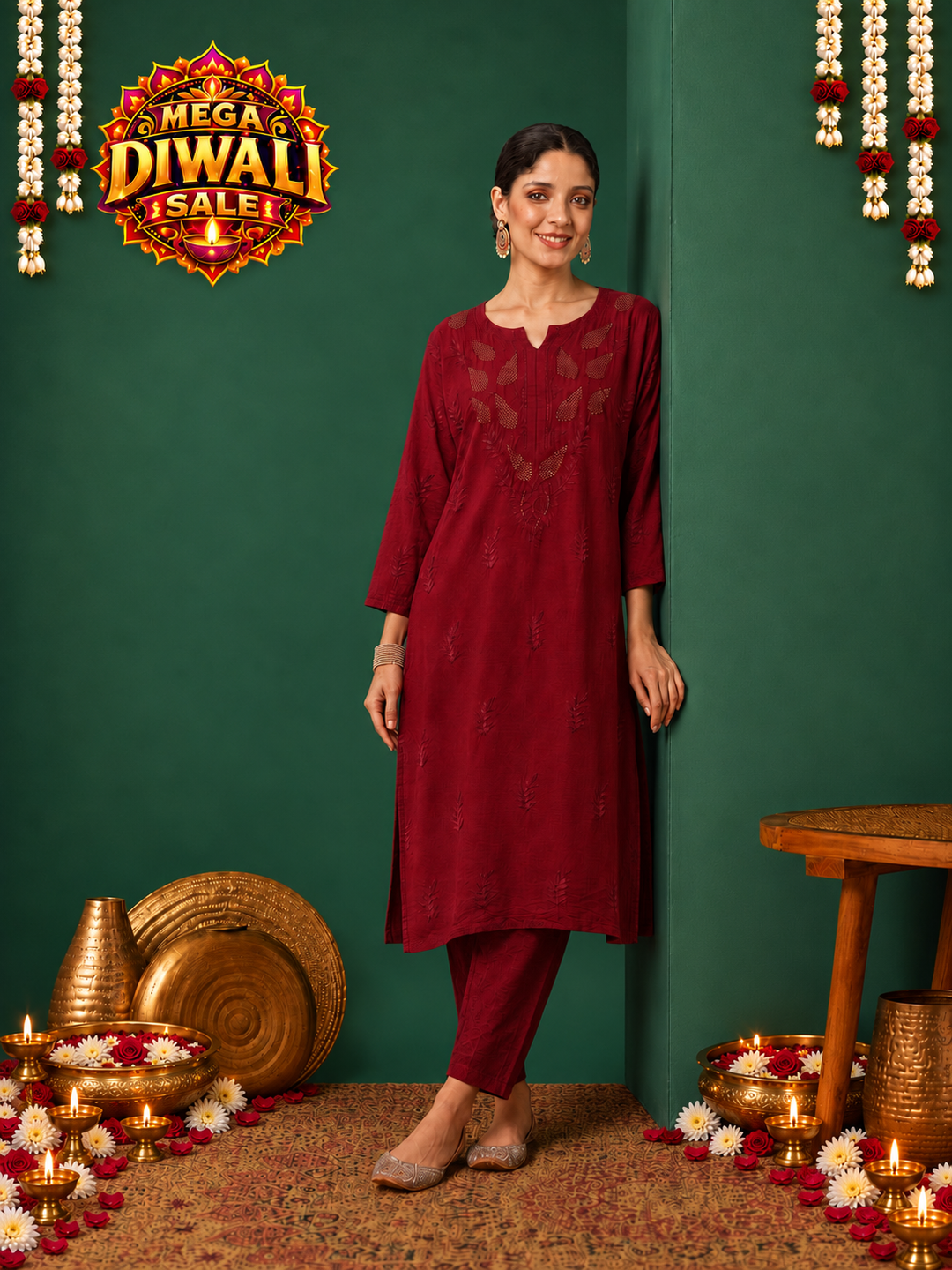 Kumkum Chanderi Chikankari Mukaish Co-ord Set – Diwali festive main image