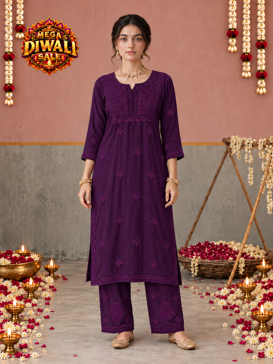 Lajja Chikankari Rayon Co-ord Set – Diwali festive main image