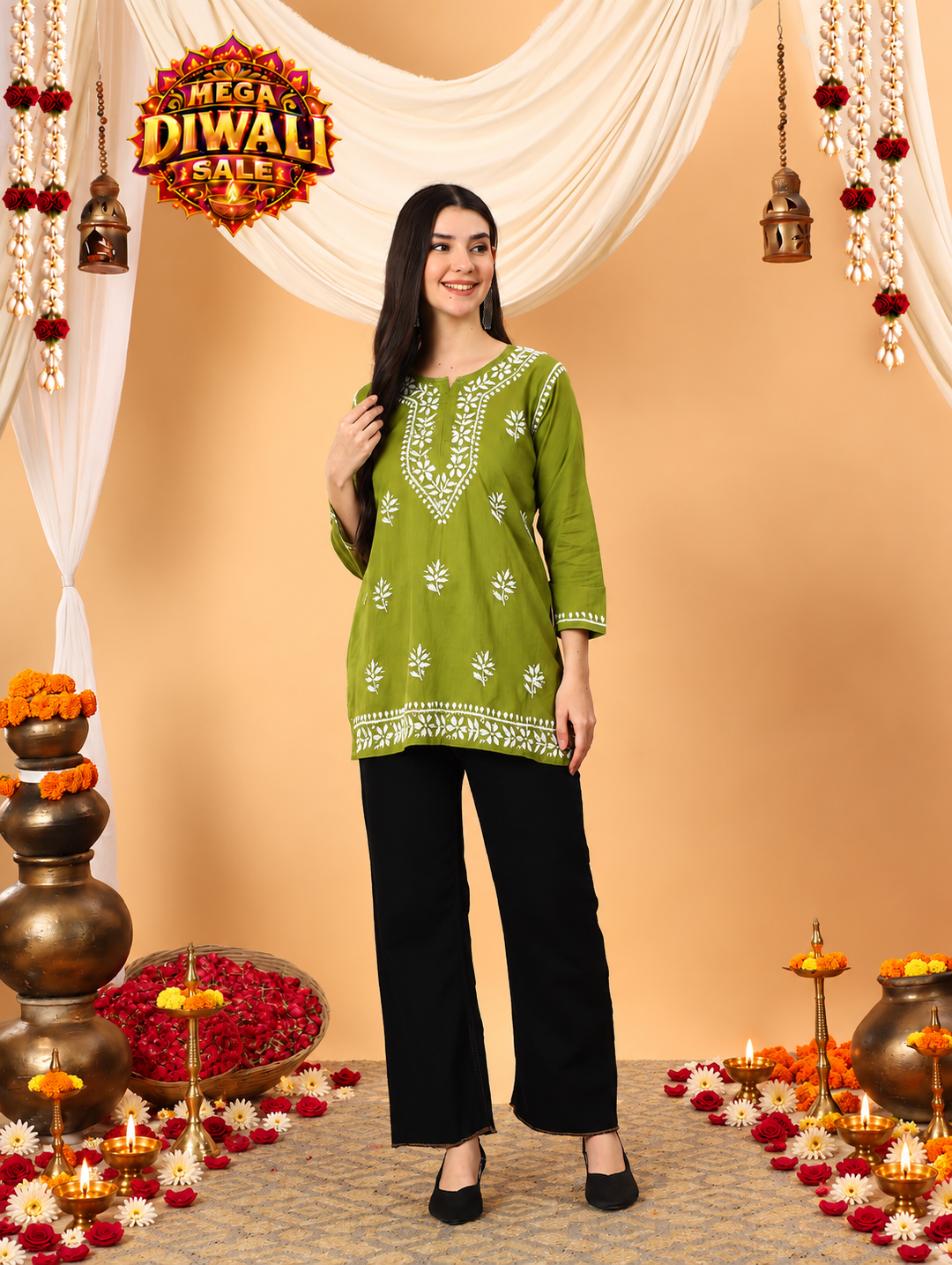 Maahi Chikankari Short Cotton Kurti – Diwali festive main image