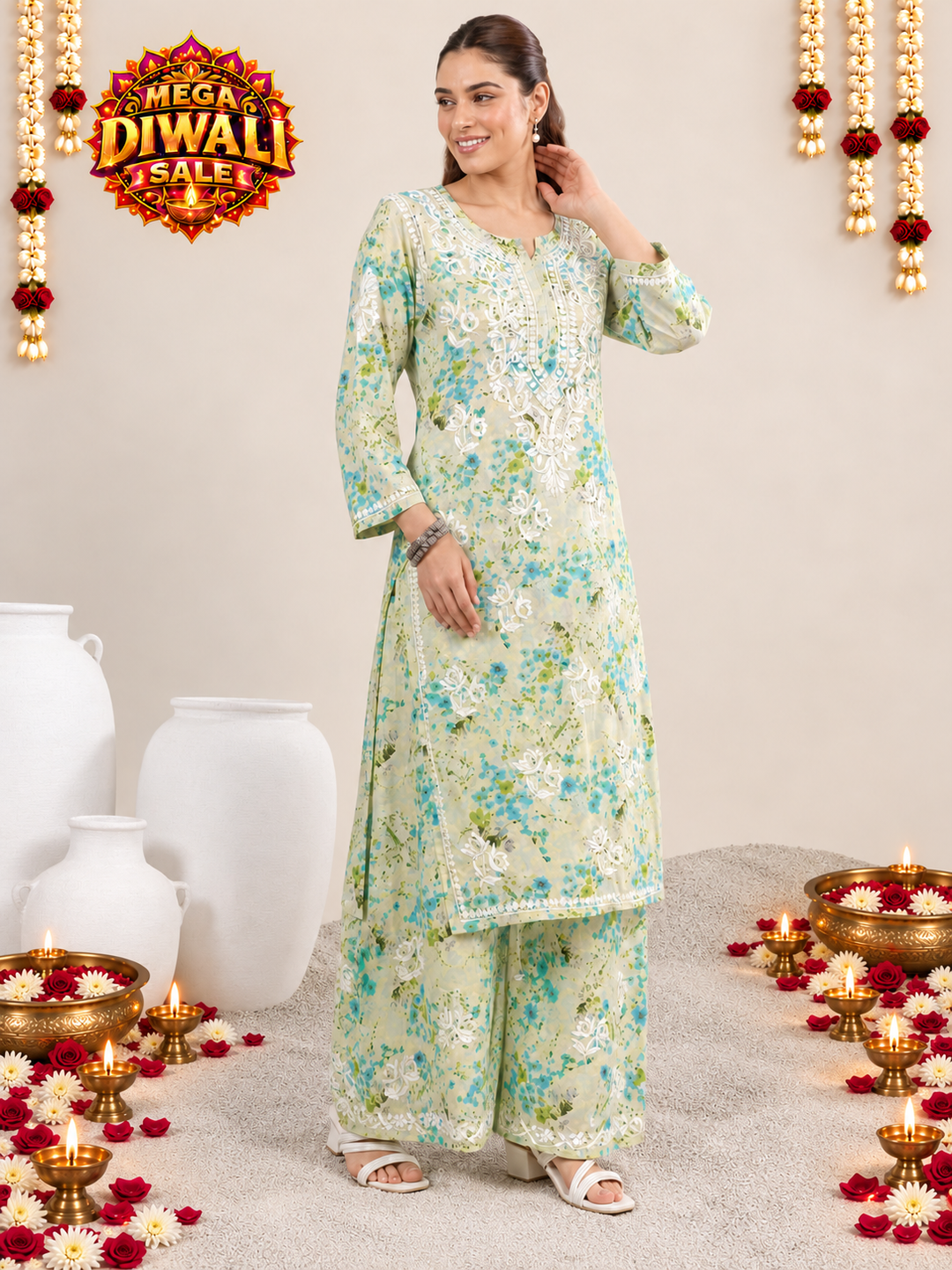 Manvi Mulmul Chikankari Printed Co-ord Set – Diwali festive main image
