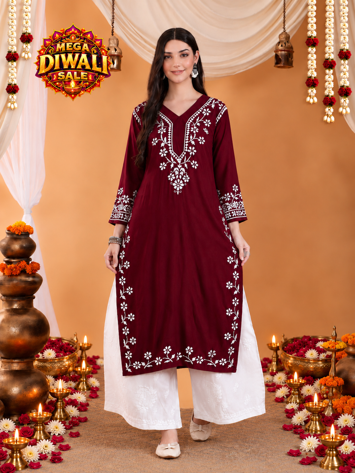 Maya Chikankari Rayon V-neck Straight Kurta – Diwali festive main image