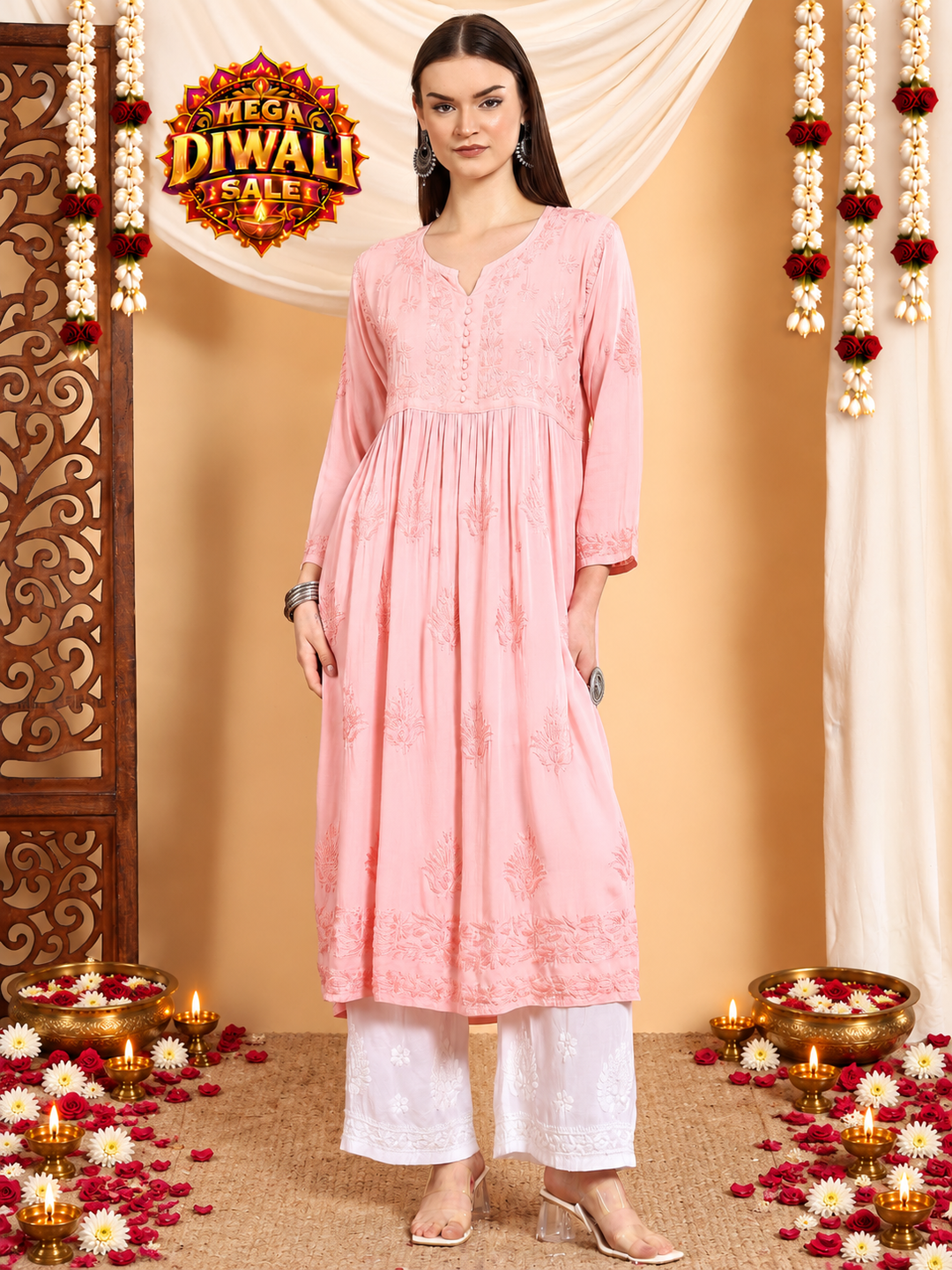Mira Chikankari Modal Nyra-Cut Kurta – Diwali festive main image
