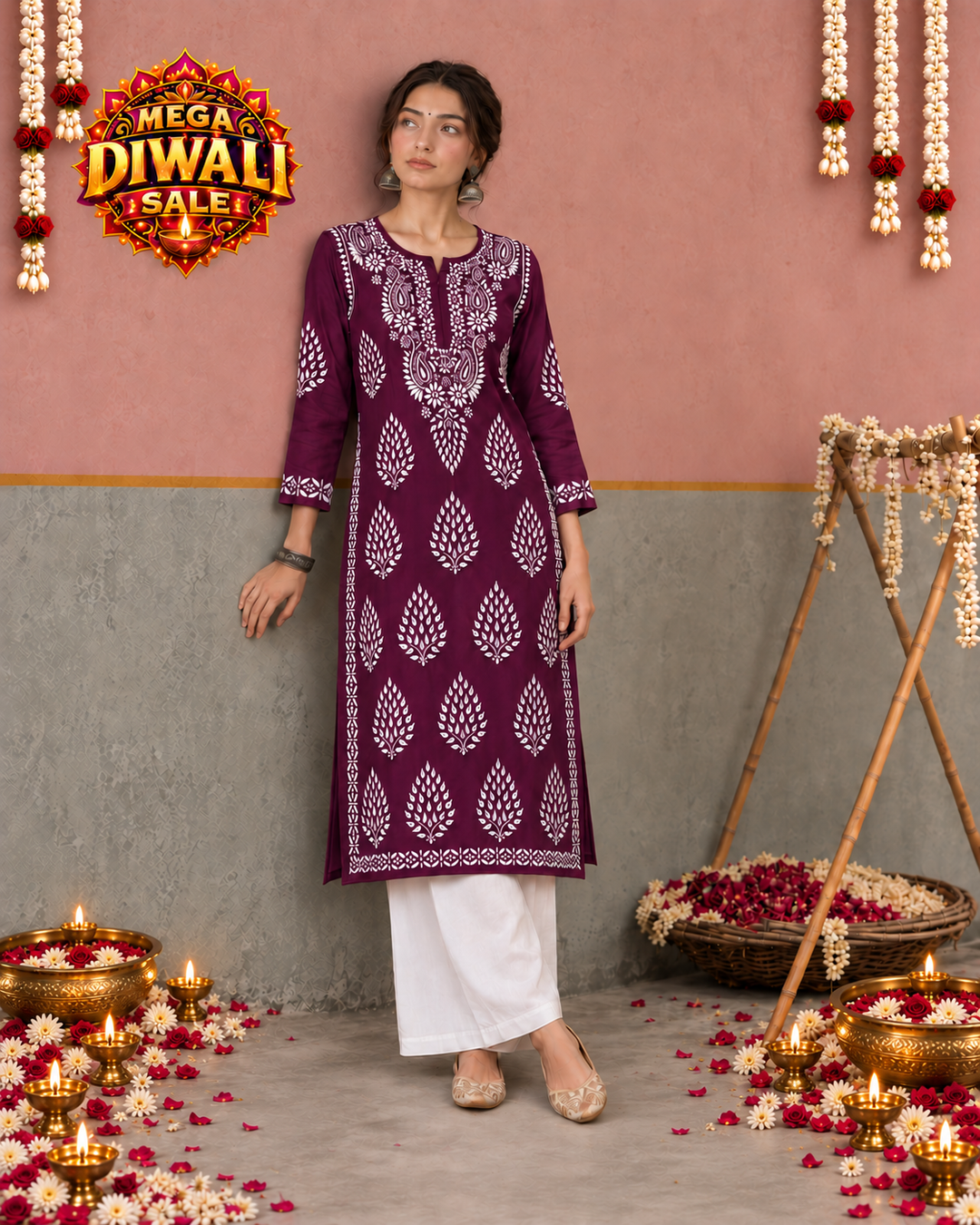 Nazm Chikankari Rayon Straight Kurta – Diwali festive main image