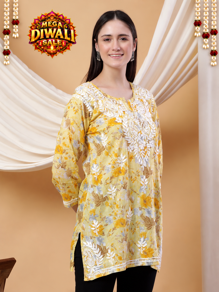 Pihu Chikankari Mulmul Short Kurti – Diwali festive main image