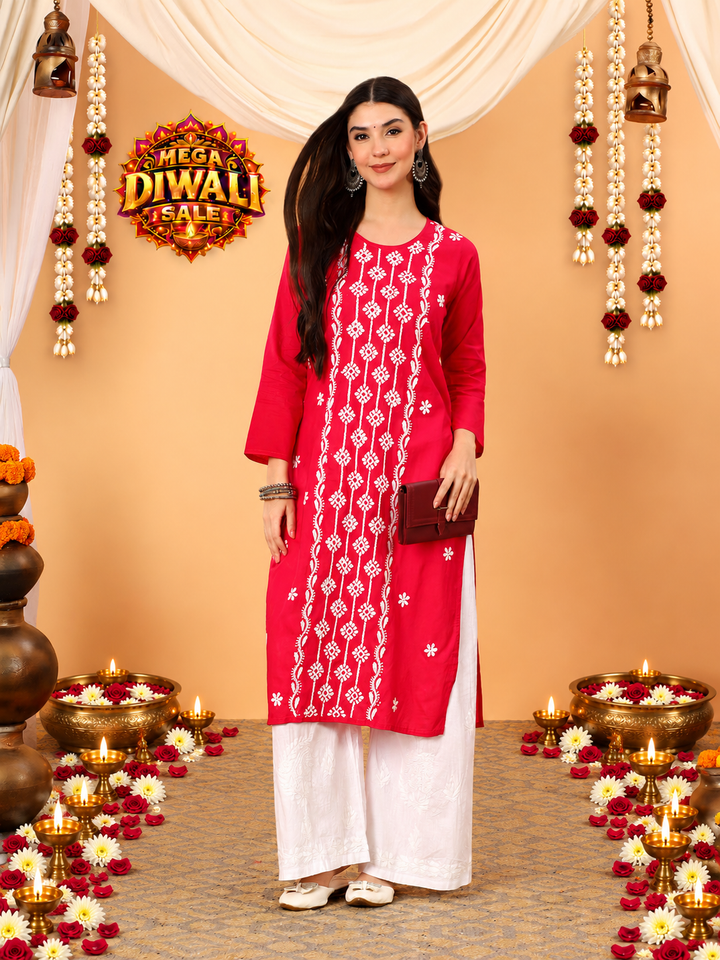 Pooja Cotton Chikankari Straight Kurta – Diwali festive main image