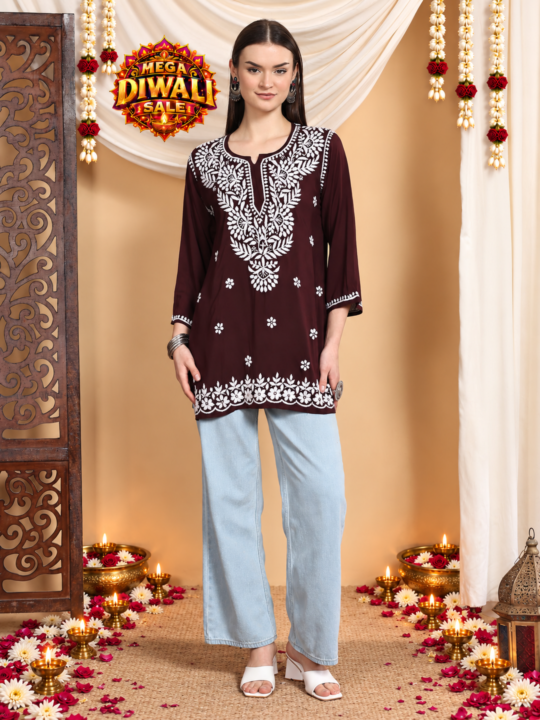 Rasha Chikankari Premium Modal Short Kurti – Diwali festive main image