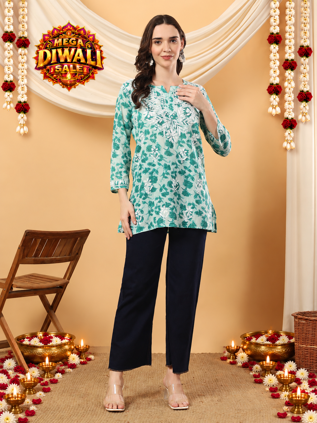 Reem Chikankari Mulmul Short Kurti – Diwali festive main image