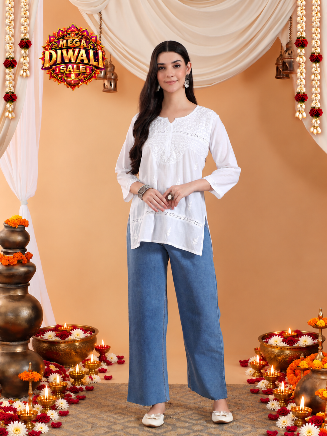Riya Chikankari White Lace Cotton Short Kurti – Diwali festive main image