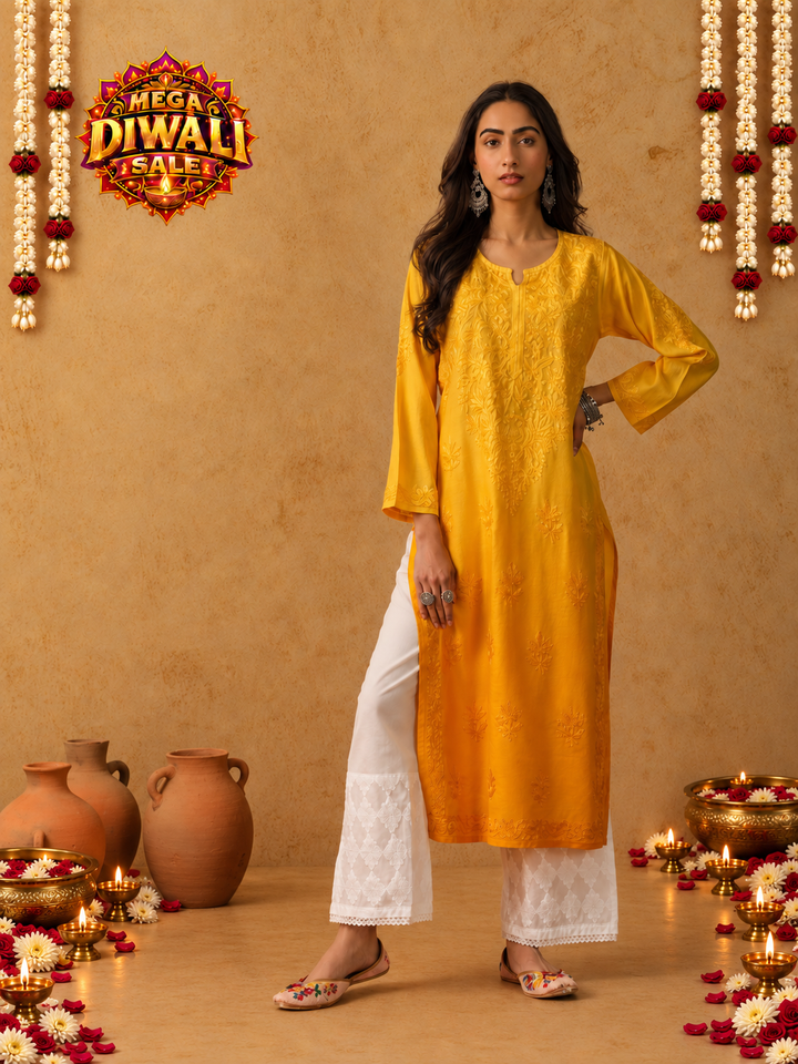 Rooh Chanderi Chikankari Straight Kurta – Diwali festive main image