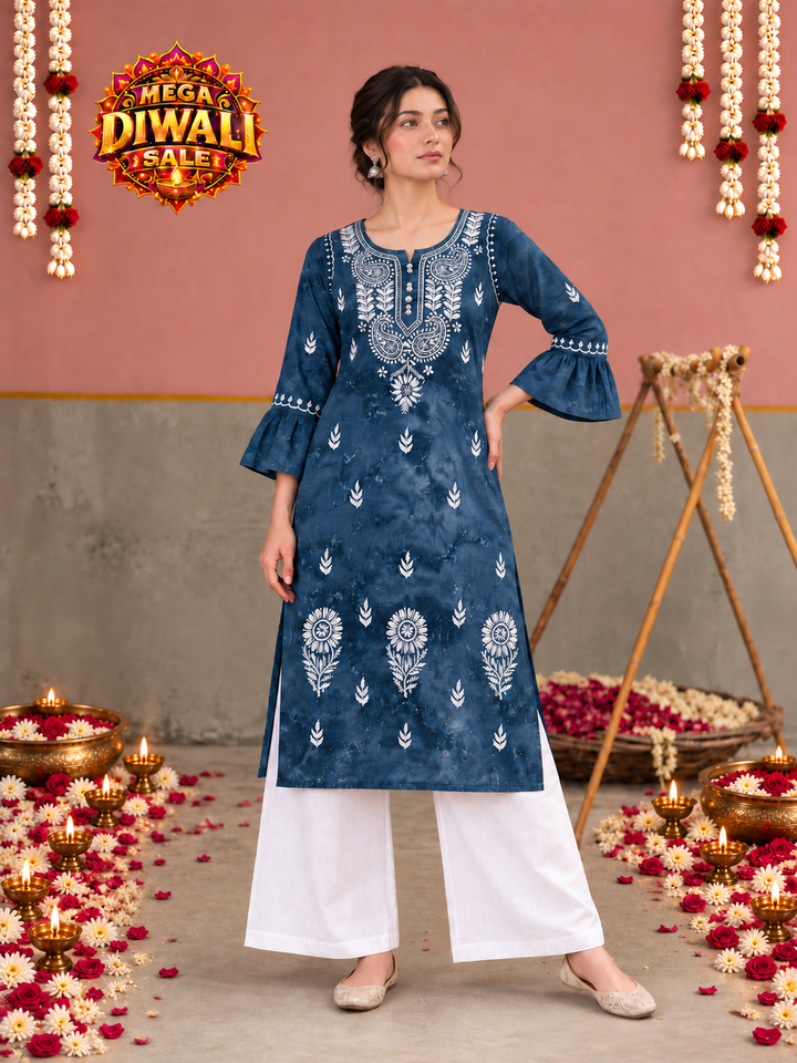Rumi Denim Print Cotton Chikankari Straight Kurta – Diwali festive main image