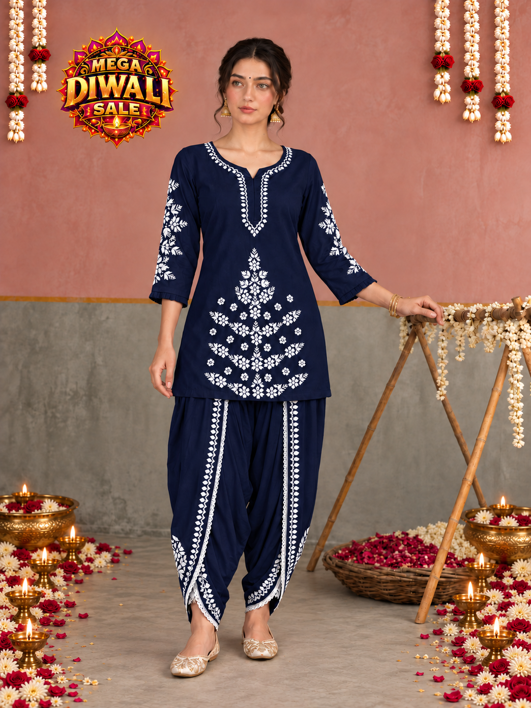 Sahiba Chikankari Rayon Short Kurti and Dhoti Pant Co-ord Set – Diwali festive main image