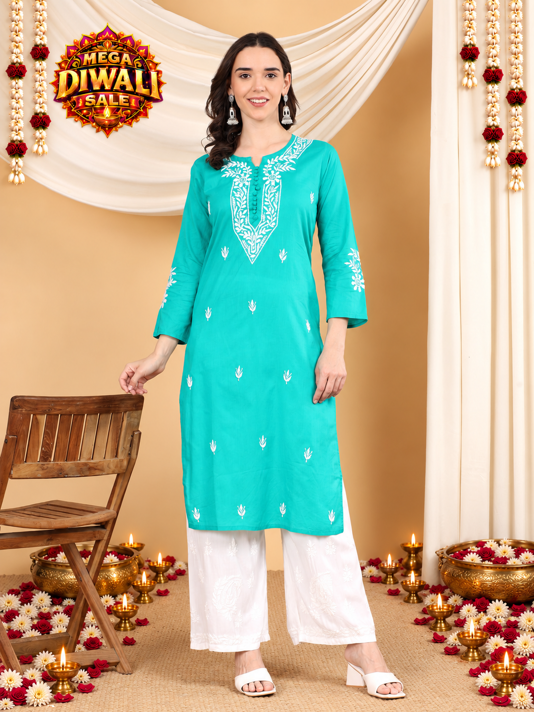 Soha Chikankari Basic Cotton Straight Kurta – Diwali festive main image
