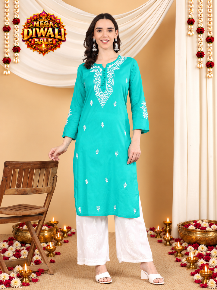 Soha Chikankari Basic Cotton Straight Kurta – Diwali festive main image