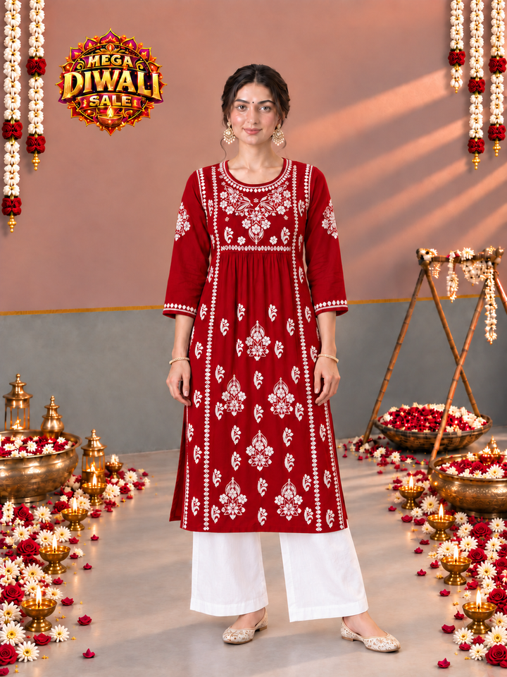 Sonia Chikankari Rayon Nyra-Cut Kurta – Diwali festive main image