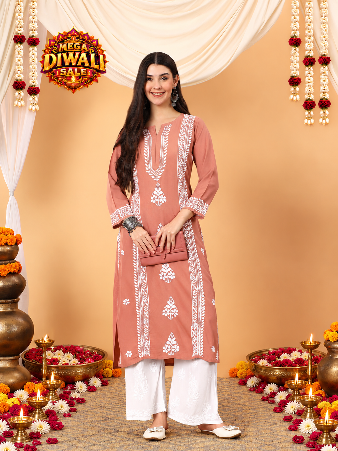Tarini Rayon Chikankari Straight Kurta – Diwali festive main image