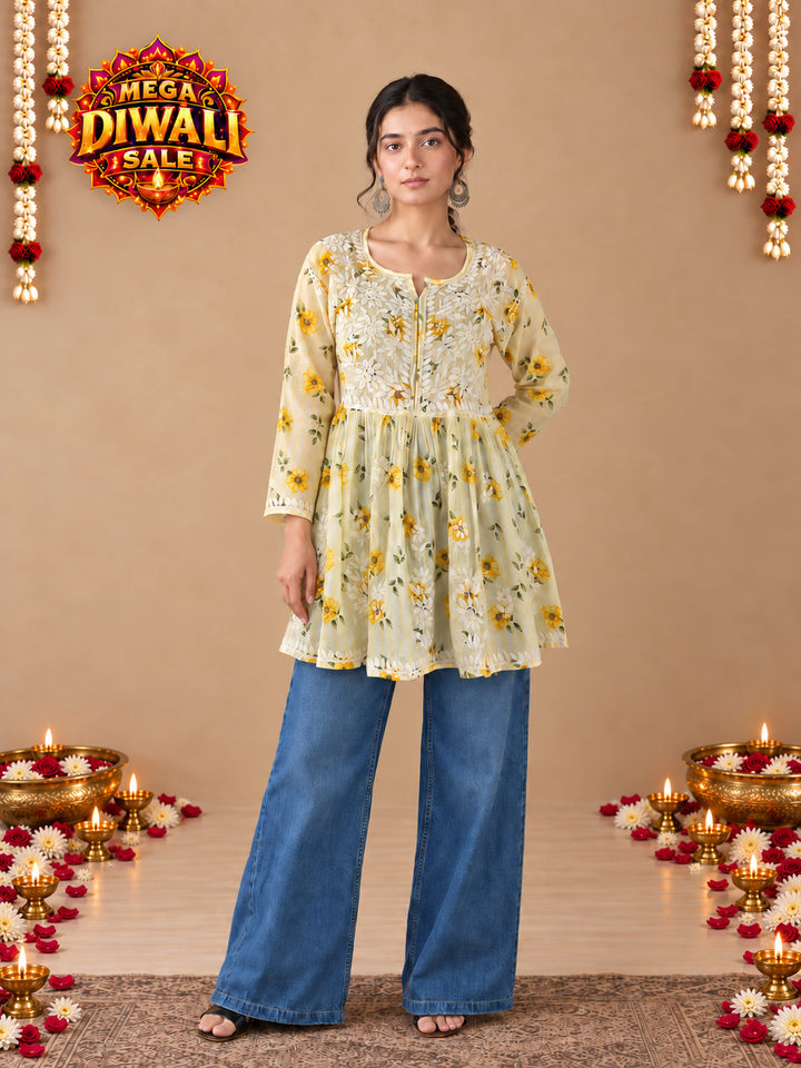 Tisha Mulmul Chikankari Short Gown – Diwali festive main image