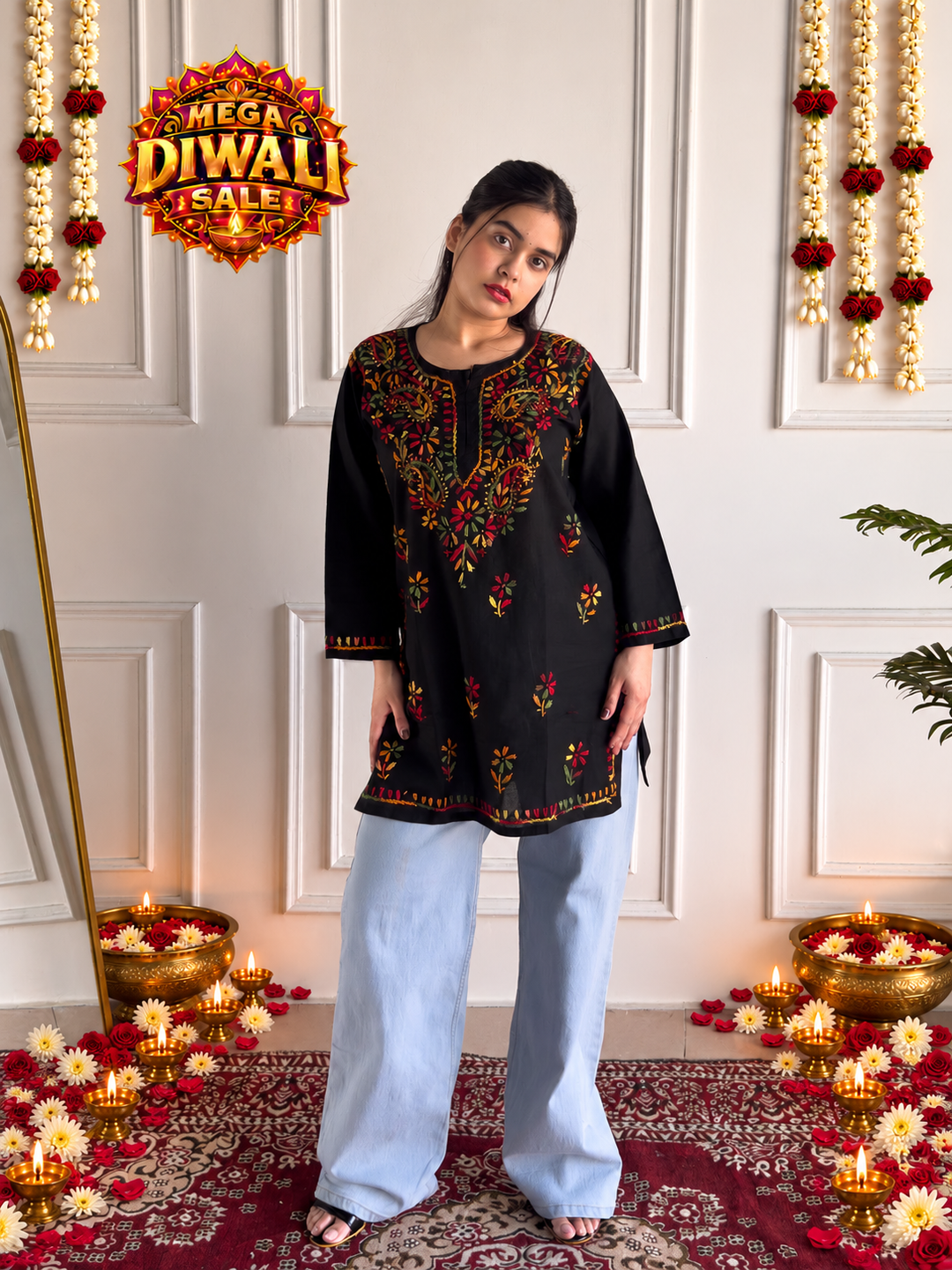 Veda Cotton Chikankari Black Multi Short Kurti – Diwali festive main image