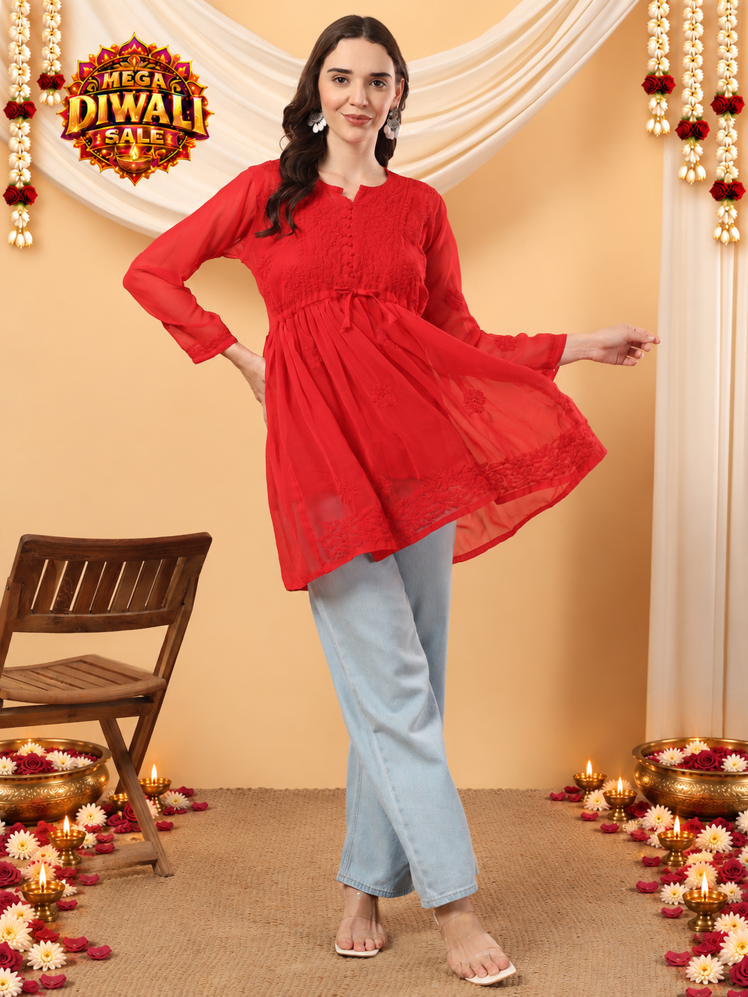 Uzma Chikankari Short Georgette Peplum Gown – Diwali festive main image