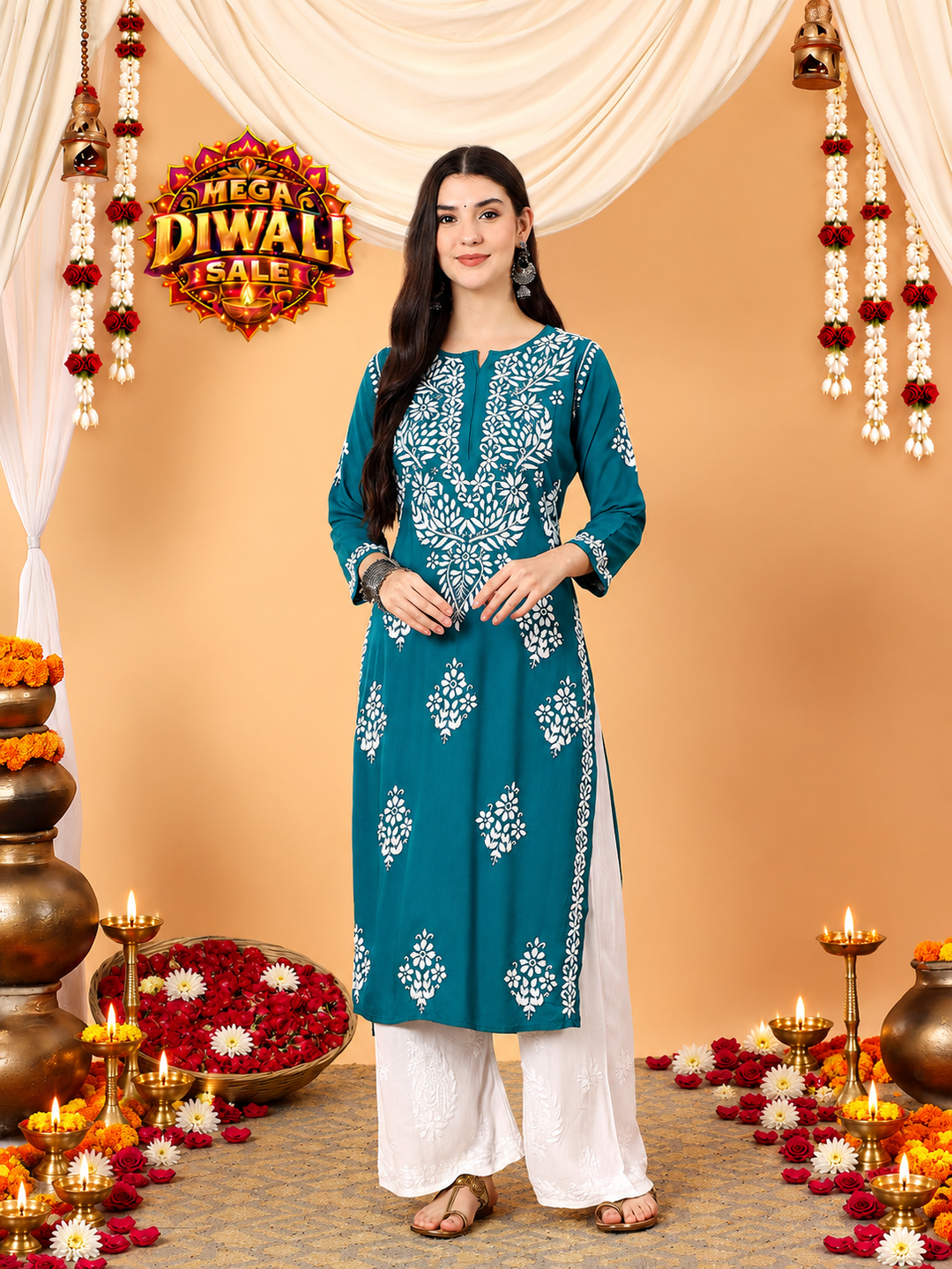 Vedika Rayon Chikankari Straight Kurta – Diwali festive main image