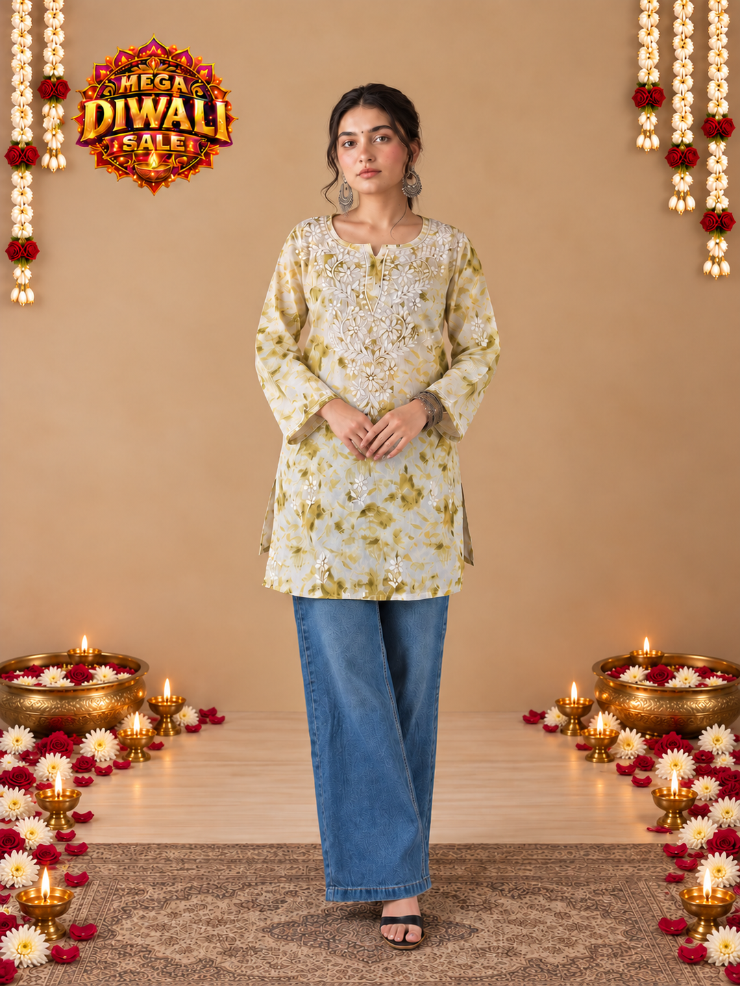 Vini Mulmul Print Chikankari Short Kurti – Diwali festive main image