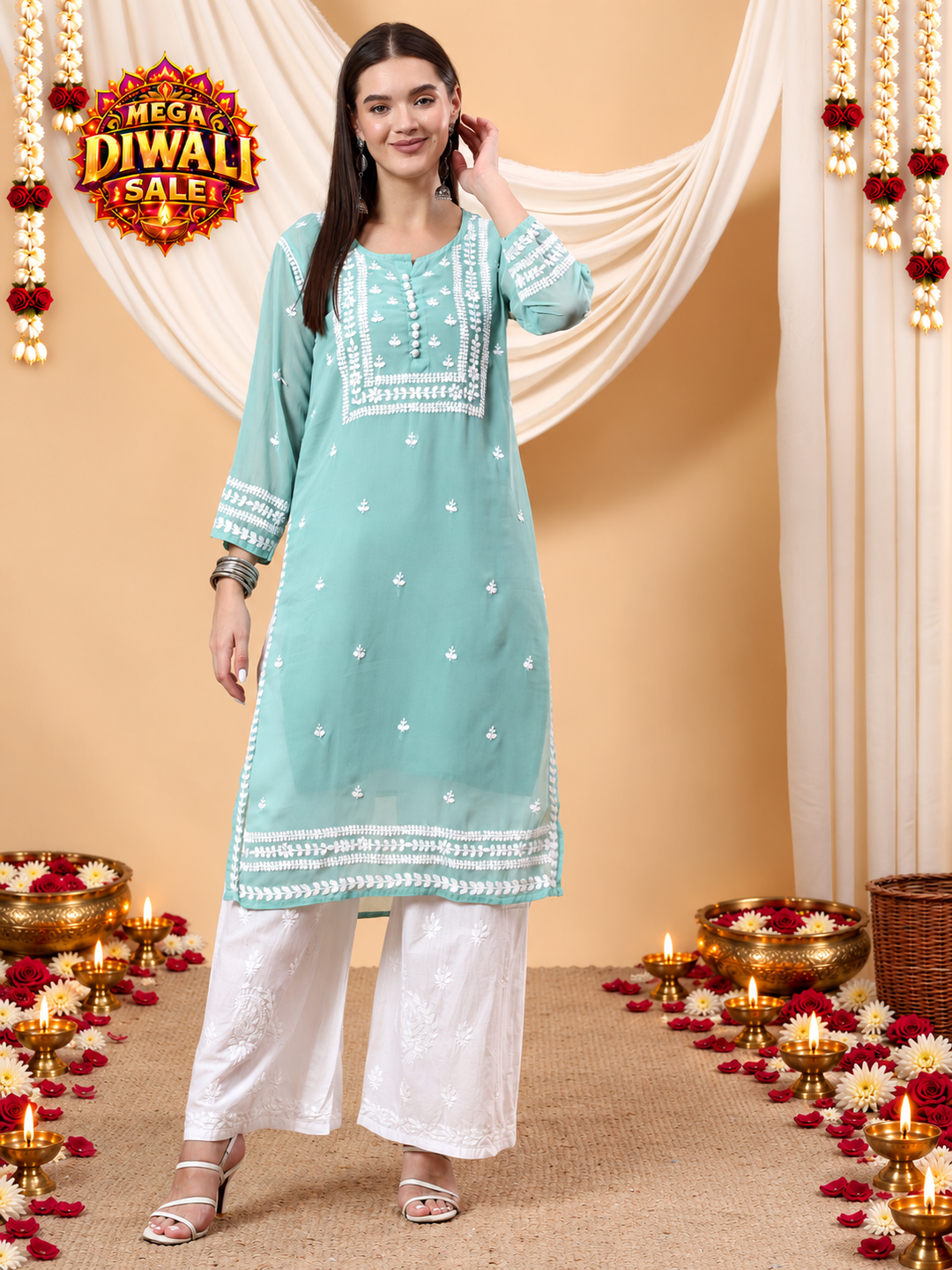 Wafa Chikankari Sheer Georgette Straight Kurta – Diwali festive main image