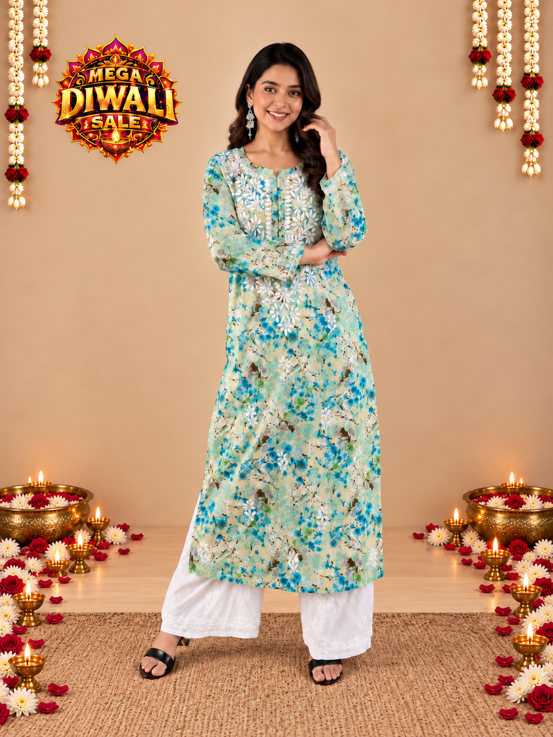 Zehra Mulmul Chikankari Straight Kurta – Diwali festive main image