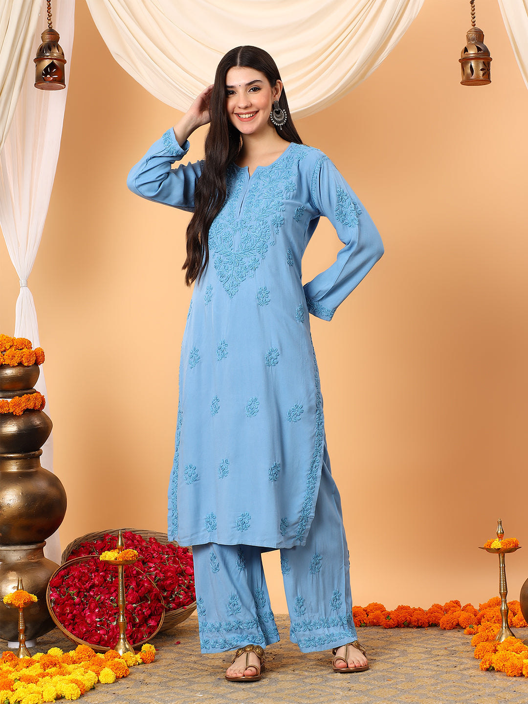 Faiza Chikankari Rayon Co-ord Set – Poshak Chikan Studio