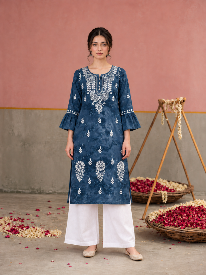 Rumi Denim Print Cotton Chikankari Straight Kurta