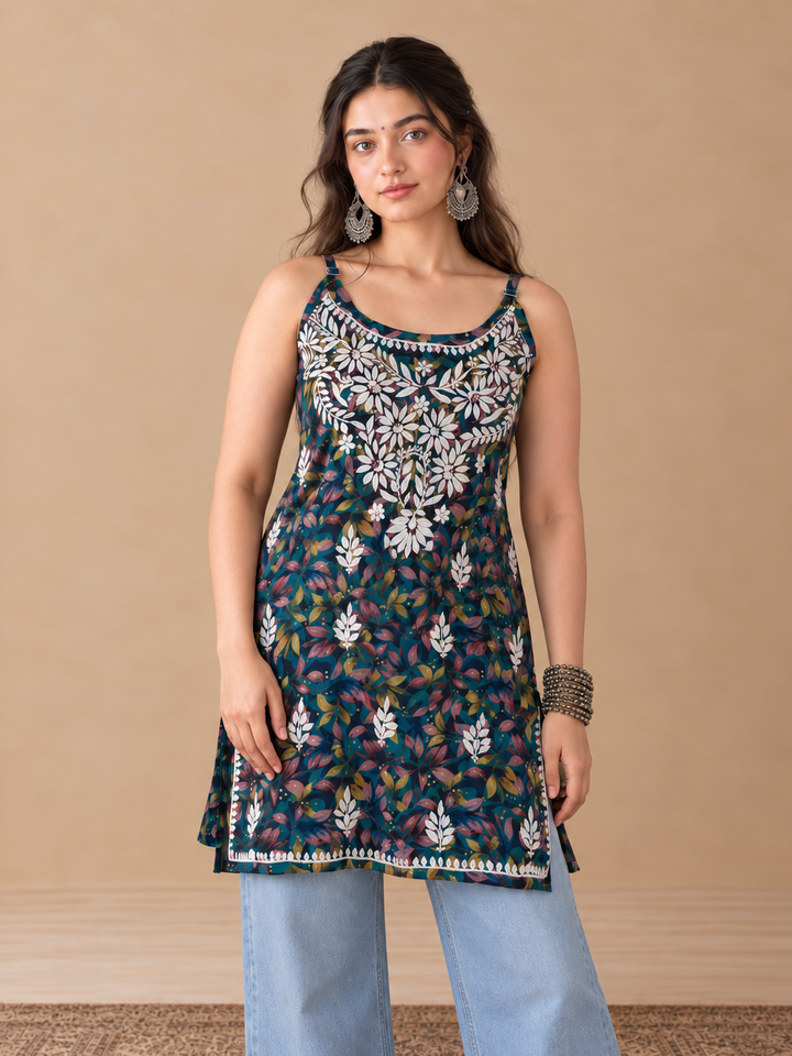 Juhi Short Mulmul Chikankari Strappy Kurti for Women